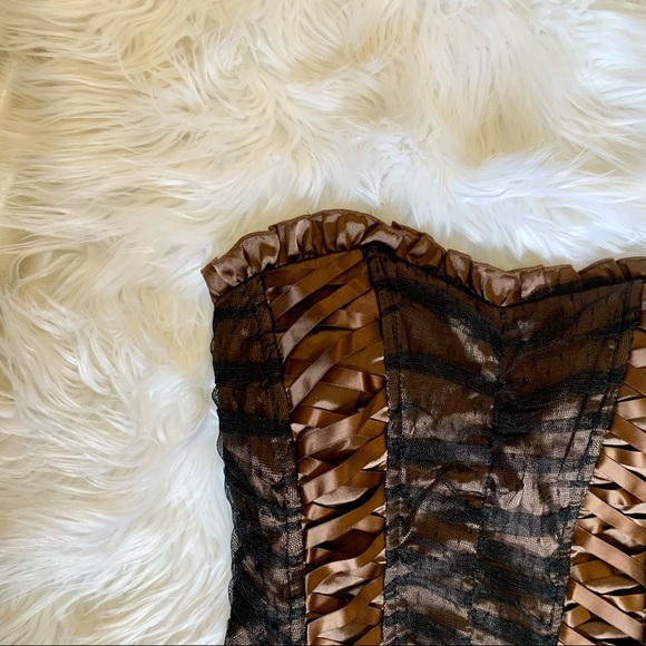 Y2K Brown and Black Ribbon Mesh Boned Corset Top - Picture 8 of 12